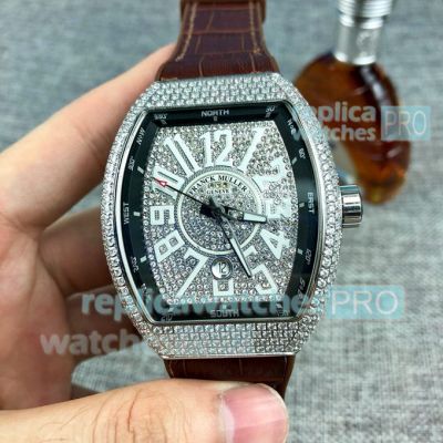 Copy Franck Muller Vanguard V45 Diamond Watch Silver Case Brown Leather